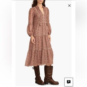NWT Lucky Brand Metallic Thread Floral Long Sleeve Tiered Maxi Dress Size L